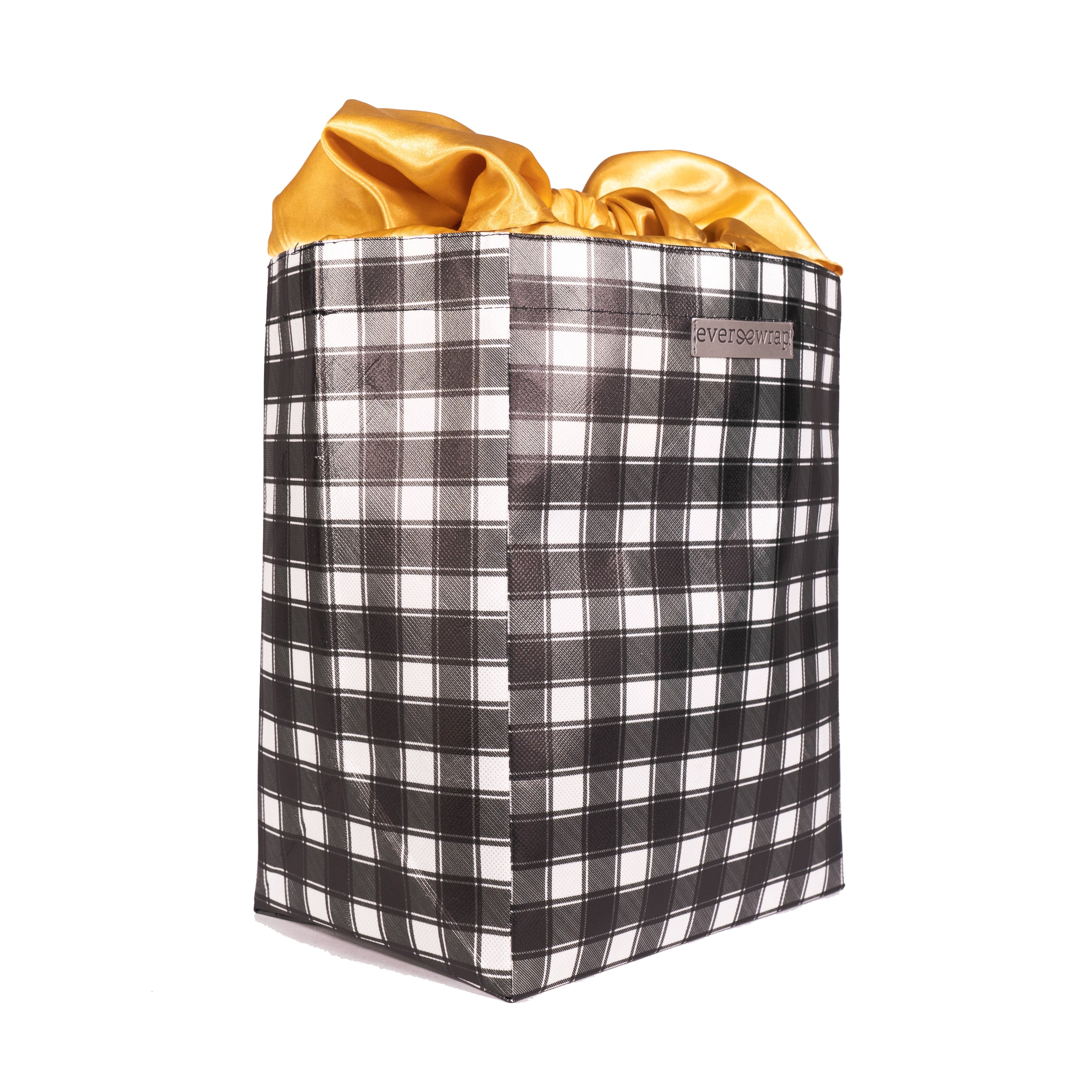 Close-up of EverBag buffalo check gift bag with tied gold satin ribbon