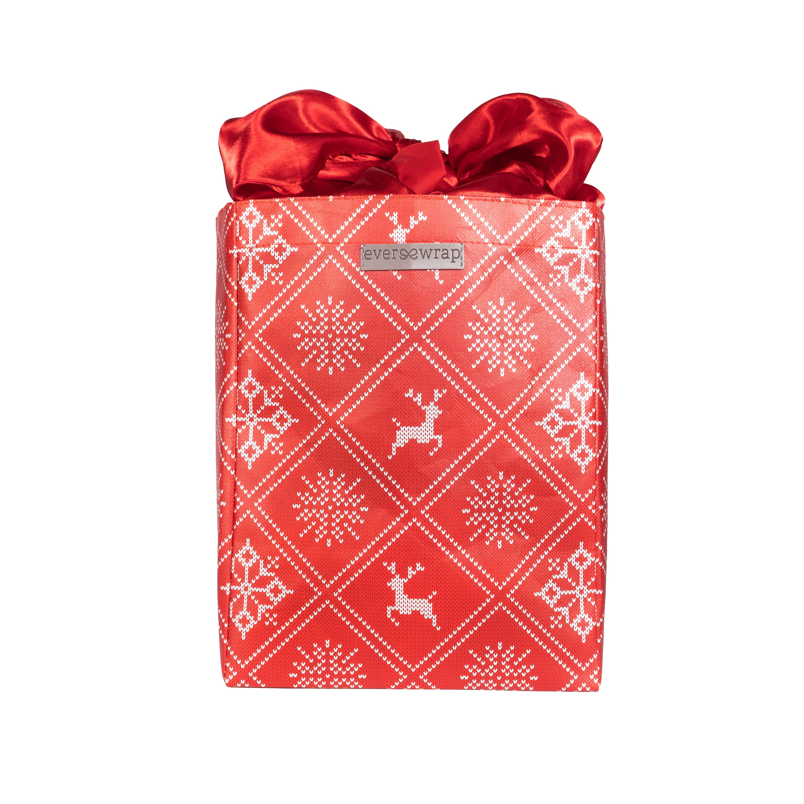 EverBag medium reusable Christmas gift bag in holiday red with wintry knitted sweater design and red satin bow closure