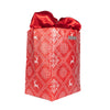Close-up of EverBag medium holiday red reusable gift bag showing built-in red satin ribbon bow detail