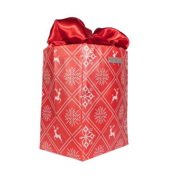 Close-up of EverBag medium holiday red reusable gift bag showing built-in red satin ribbon bow detail