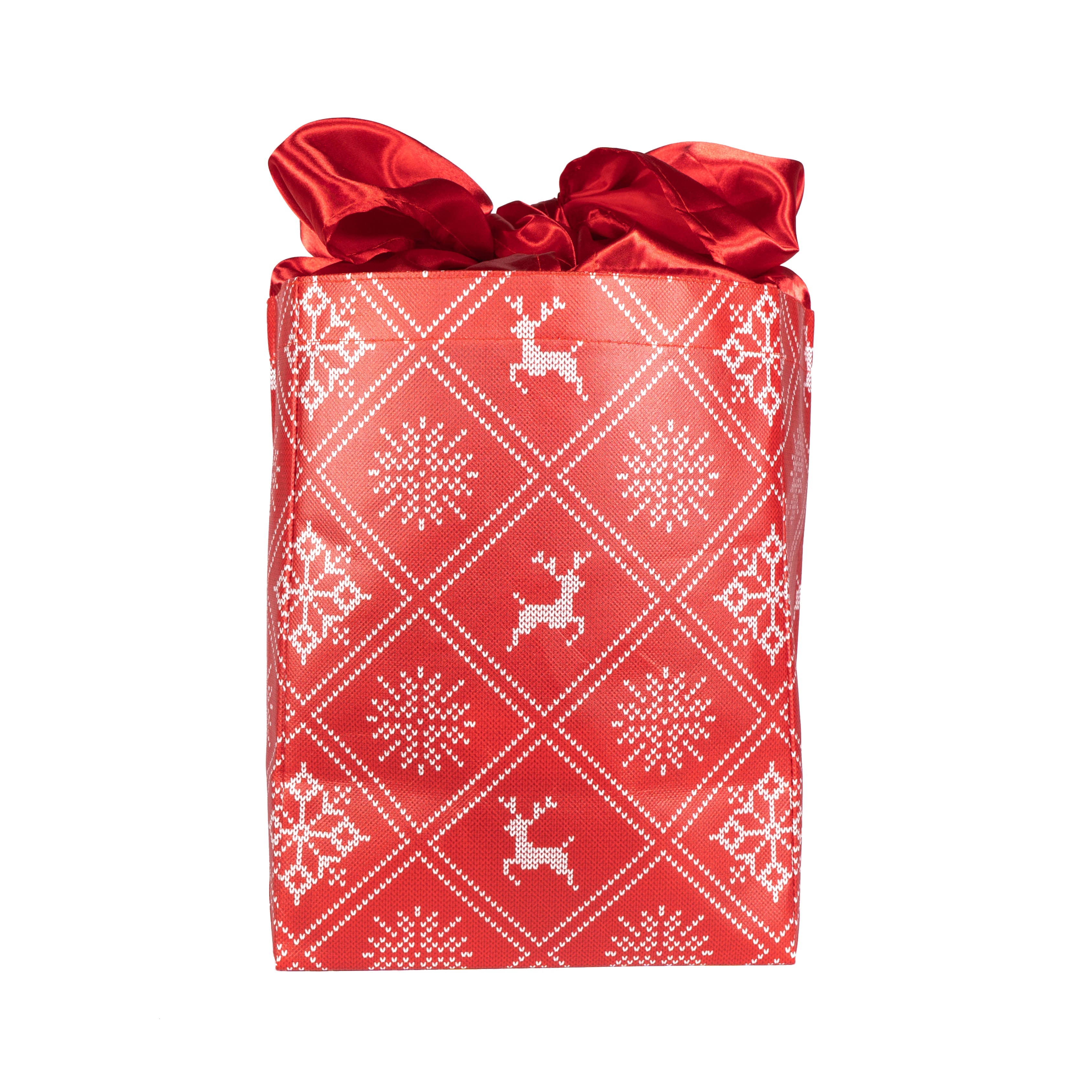 Side view of EverBag medium holiday red gift bag showing dimensions and knitted sweater print design