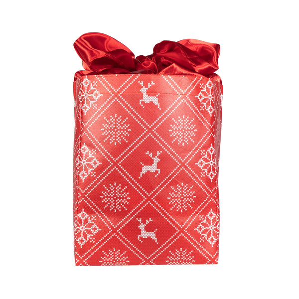 Side view of EverBag medium holiday red gift bag showing dimensions and knitted sweater print design