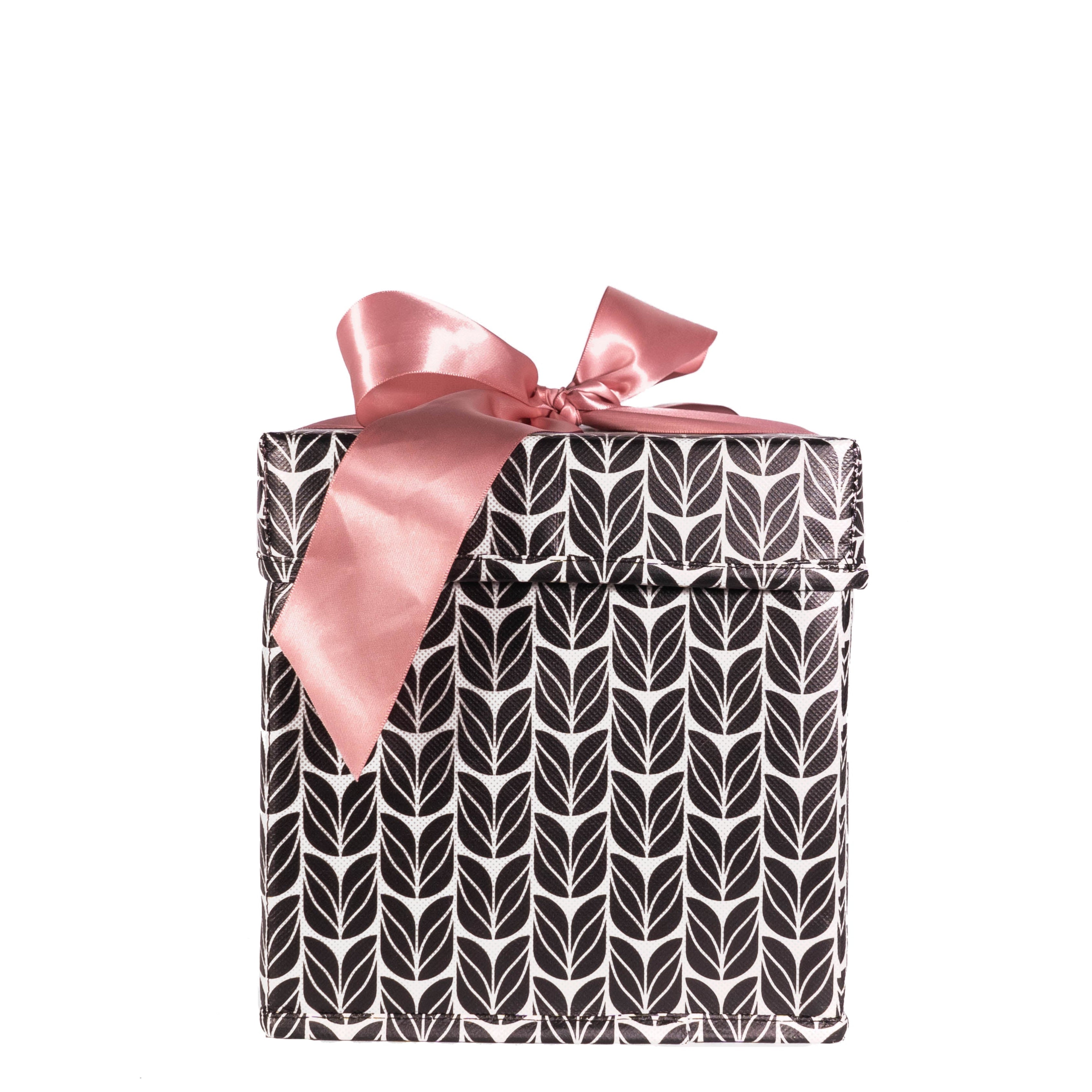 EverBox small collapsible gift box in black, white and pink with white satin ribbon tied in a bow