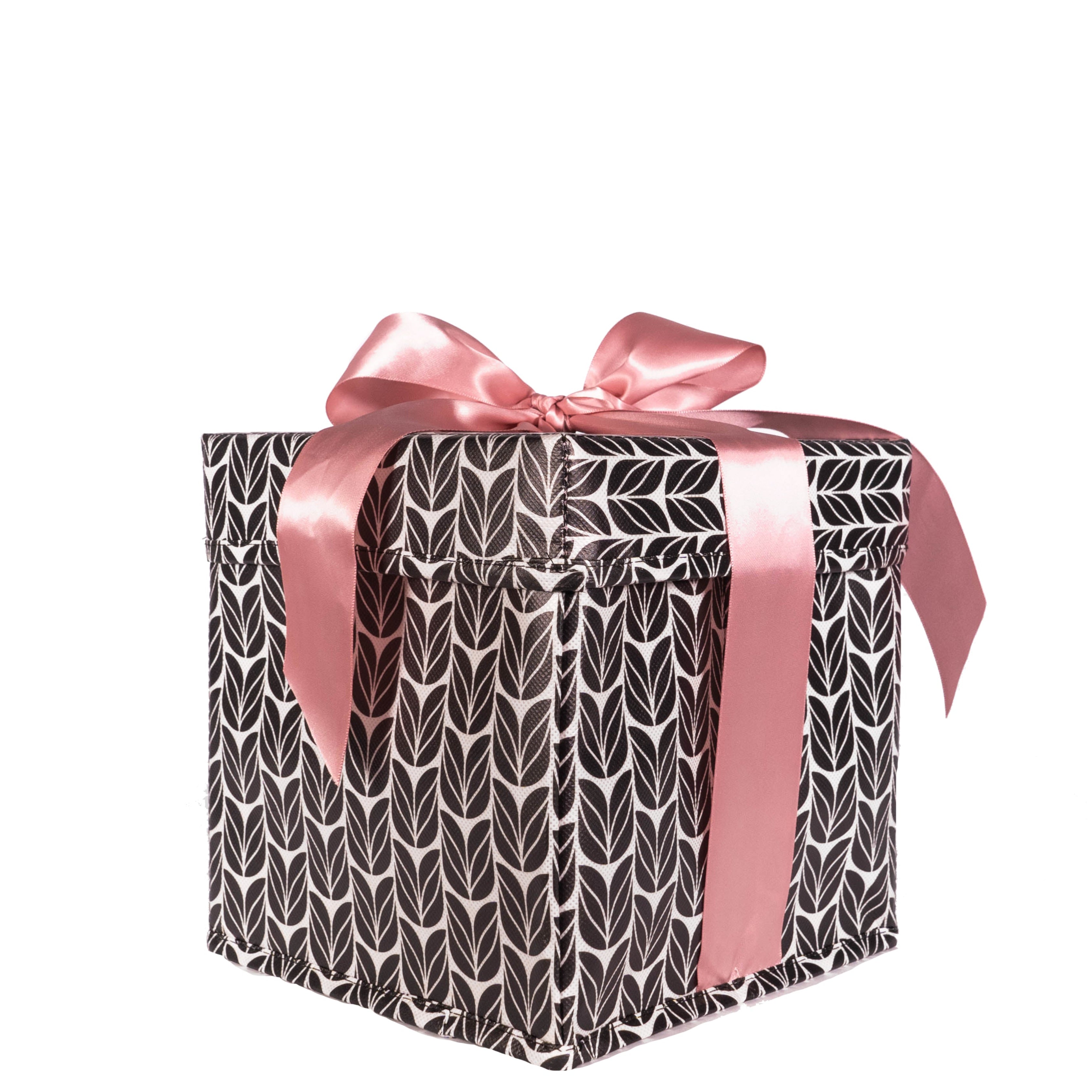 EverBox reusable gift box open and ready to fill, showing black, white and pink design with satin ribbon