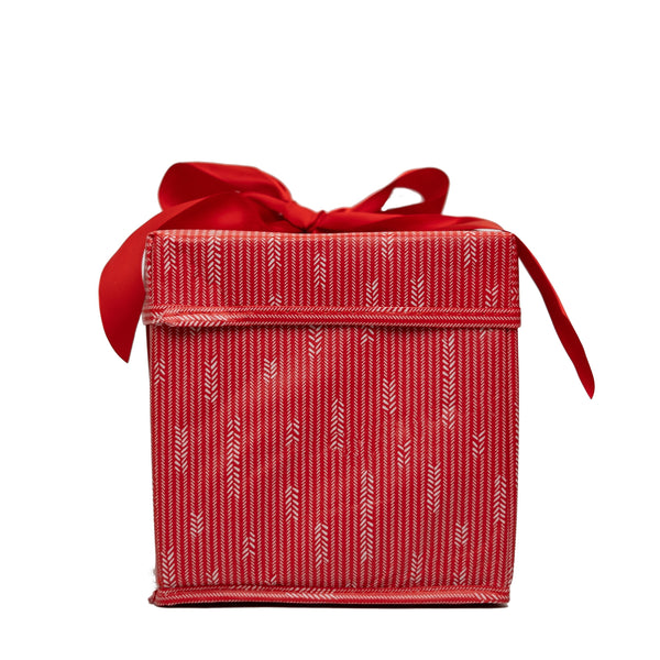 Small red and white collapsible gift box with red satin ribbon tied in a bow, by EverWrap EverBox