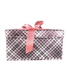 EverBox large pink plaid collapsible gift box with white satin ribbon, closed and ready to gift