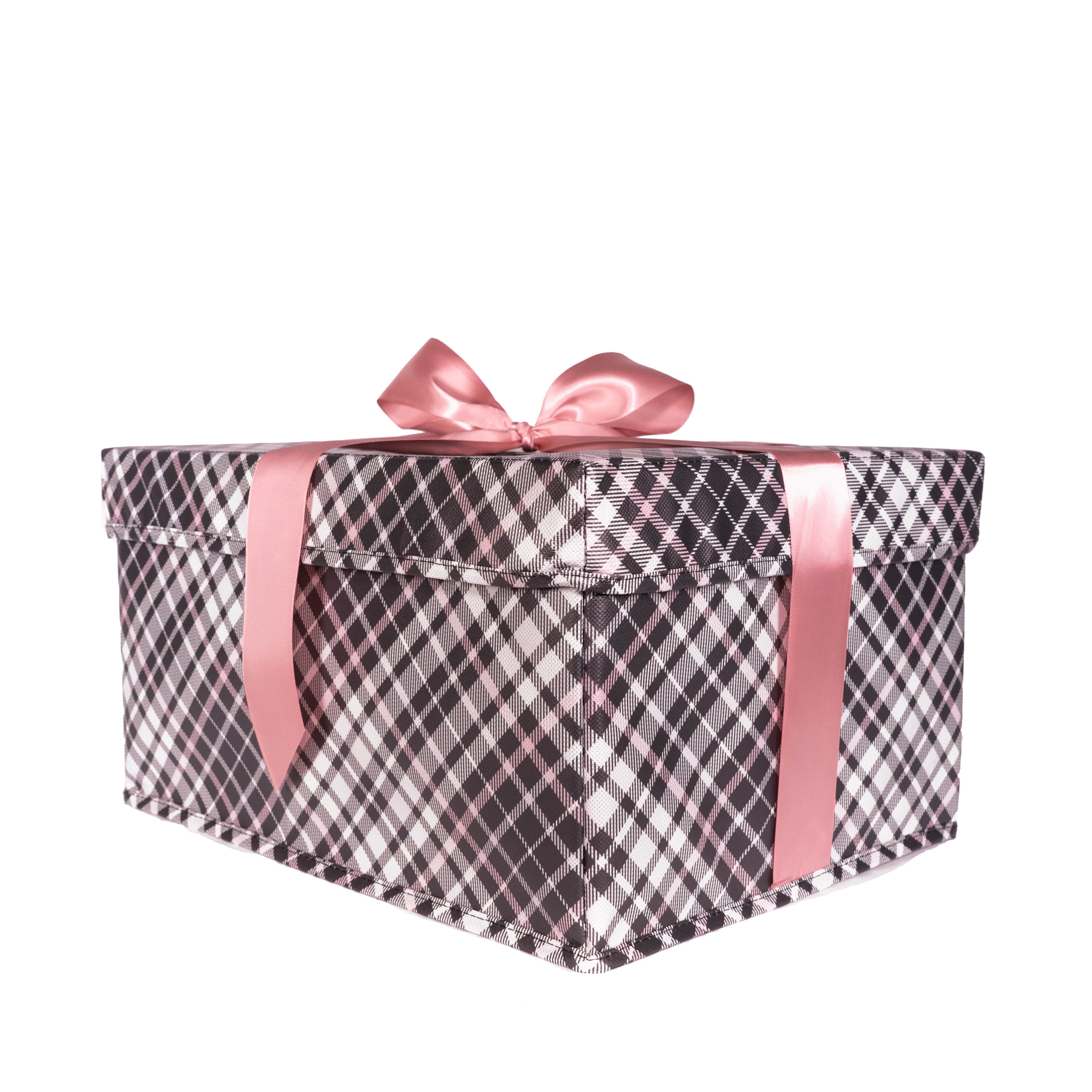 EverBox pink plaid reusable gift box open showing interior depth, 16x12x8 inches