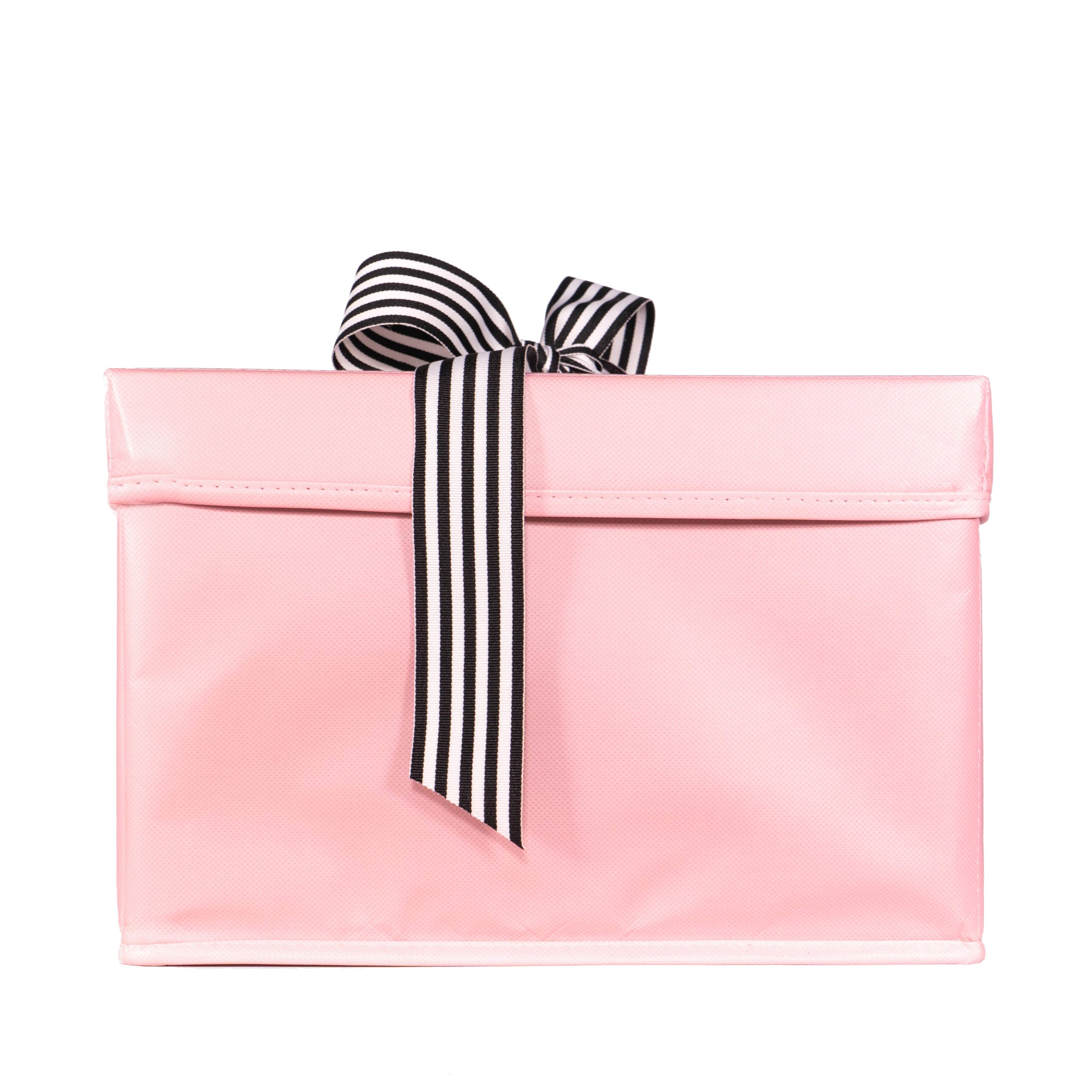 EverBox medium pink collapsible gift box with built-in black and white grosgrain ribbon tied in a bow