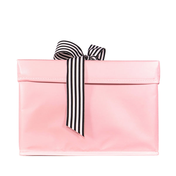 EverBox medium pink collapsible gift box with built-in black and white grosgrain ribbon tied in a bow
