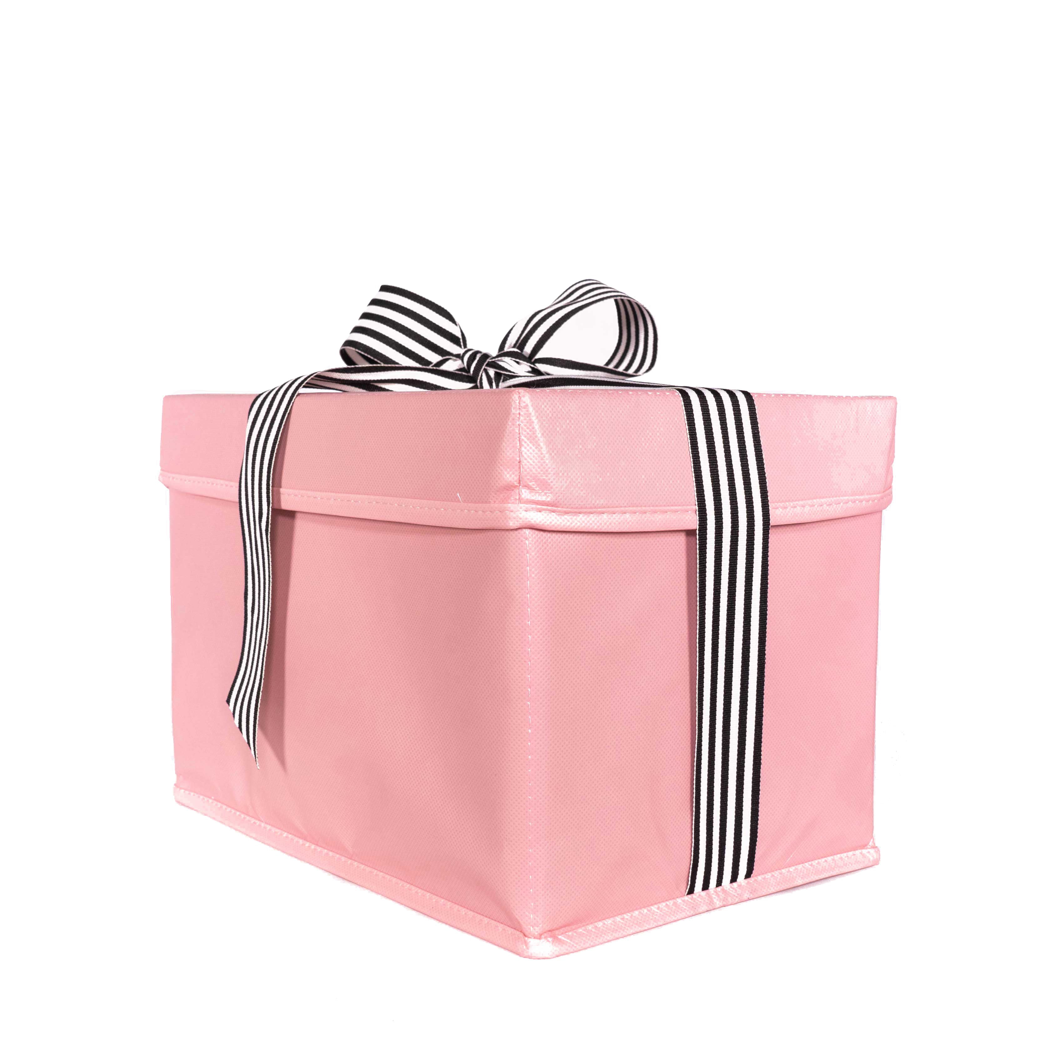 EverBox medium pink reusable gift box shown open and ready to fill — 12 x 8 x 8 inches