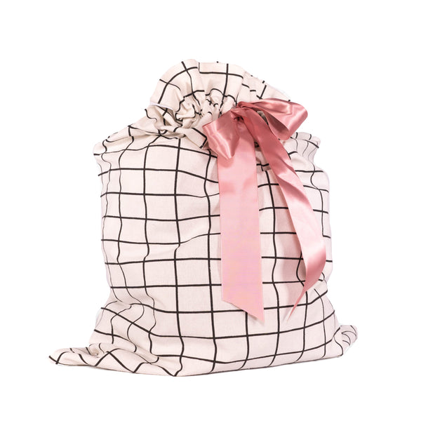 EverWrap large tie bag with satin ribbon bow tied at the top, black grid design