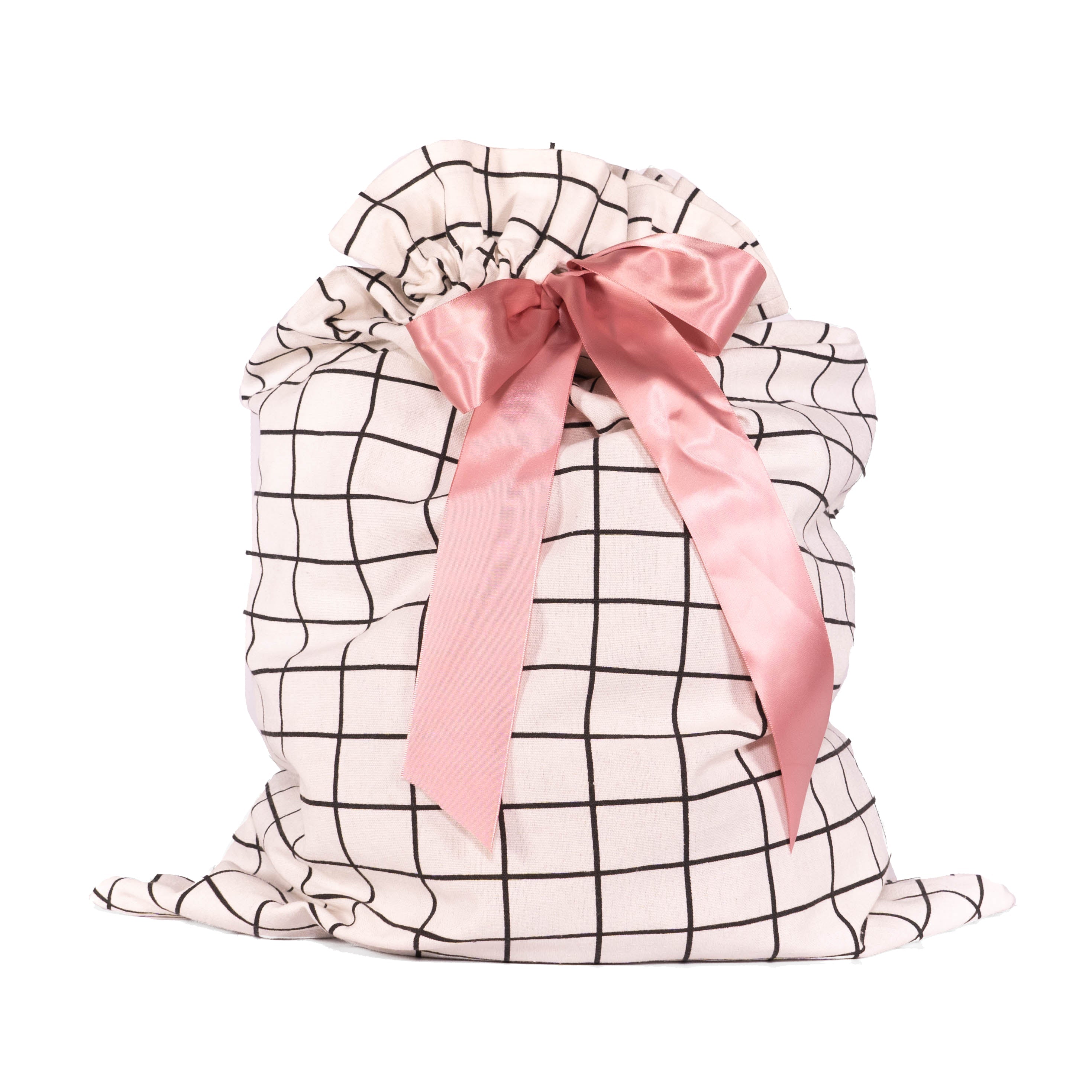 EverWrap EverTie large reusable gift bag with black grid pattern and satin ribbon closure