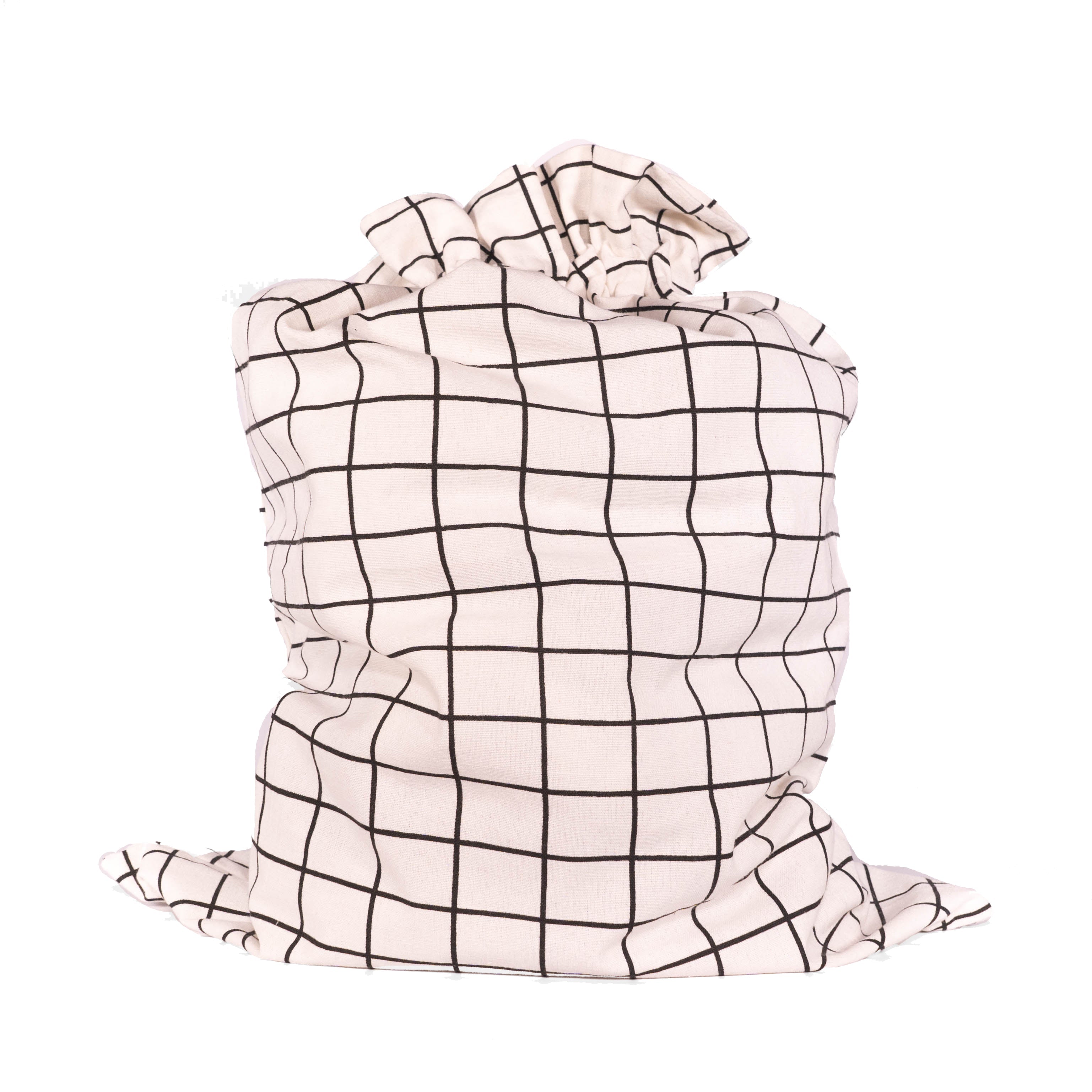 Close-up of EverWrap EverTie bag satin ribbon closure on black grid fabric