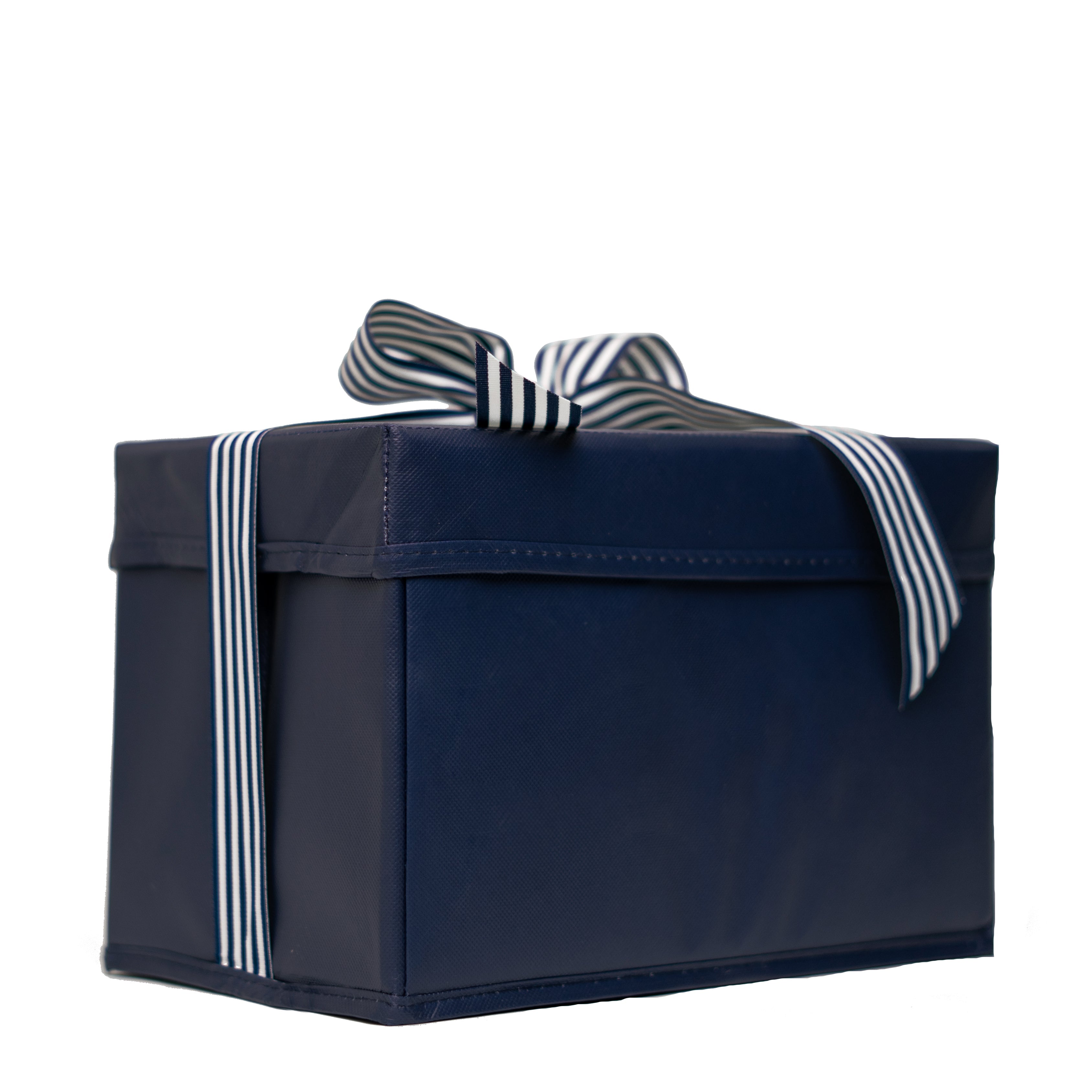 EverBox medium navy blue reusable gift box shown folded flat for compact storage