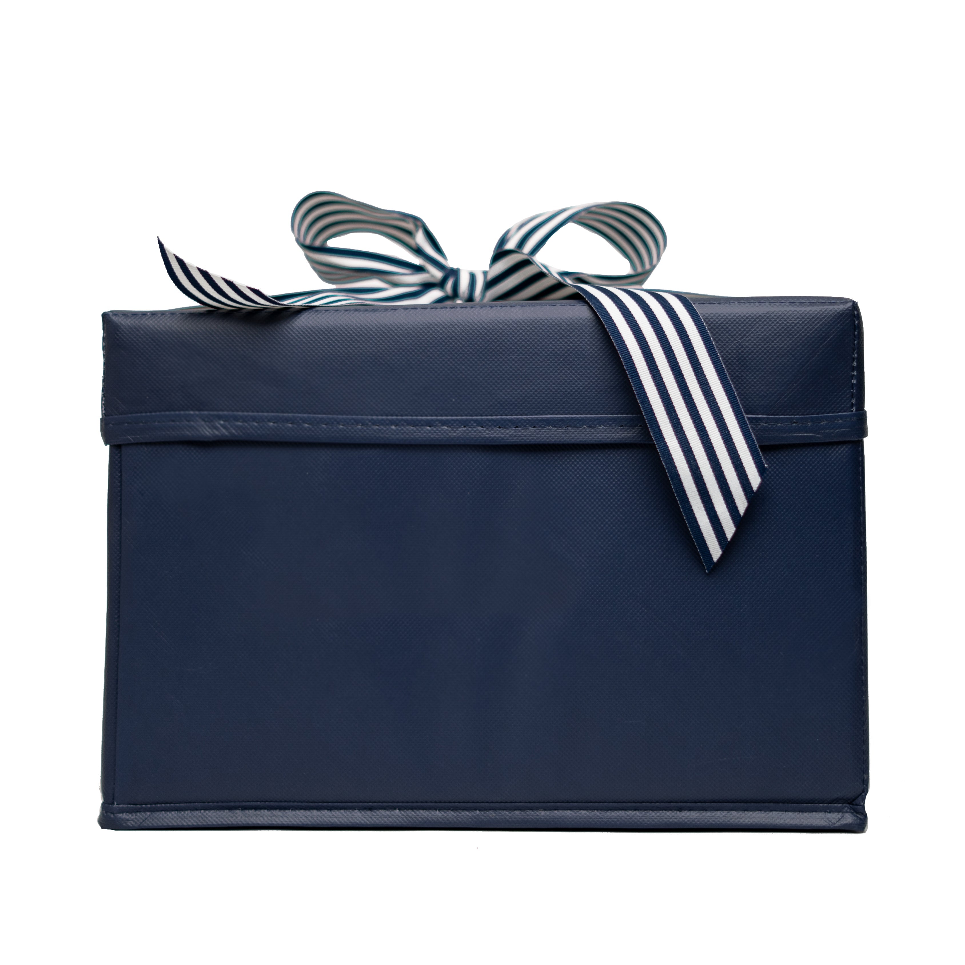 EverBox medium navy blue collapsible gift box with white and navy grosgrain ribbon, tied and ready to gift