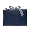 EverBox medium navy blue collapsible gift box with white and navy grosgrain ribbon, tied and ready to gift