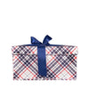 EverBox large blue plaid collapsible gift box with blue satin ribbon tied in a bow