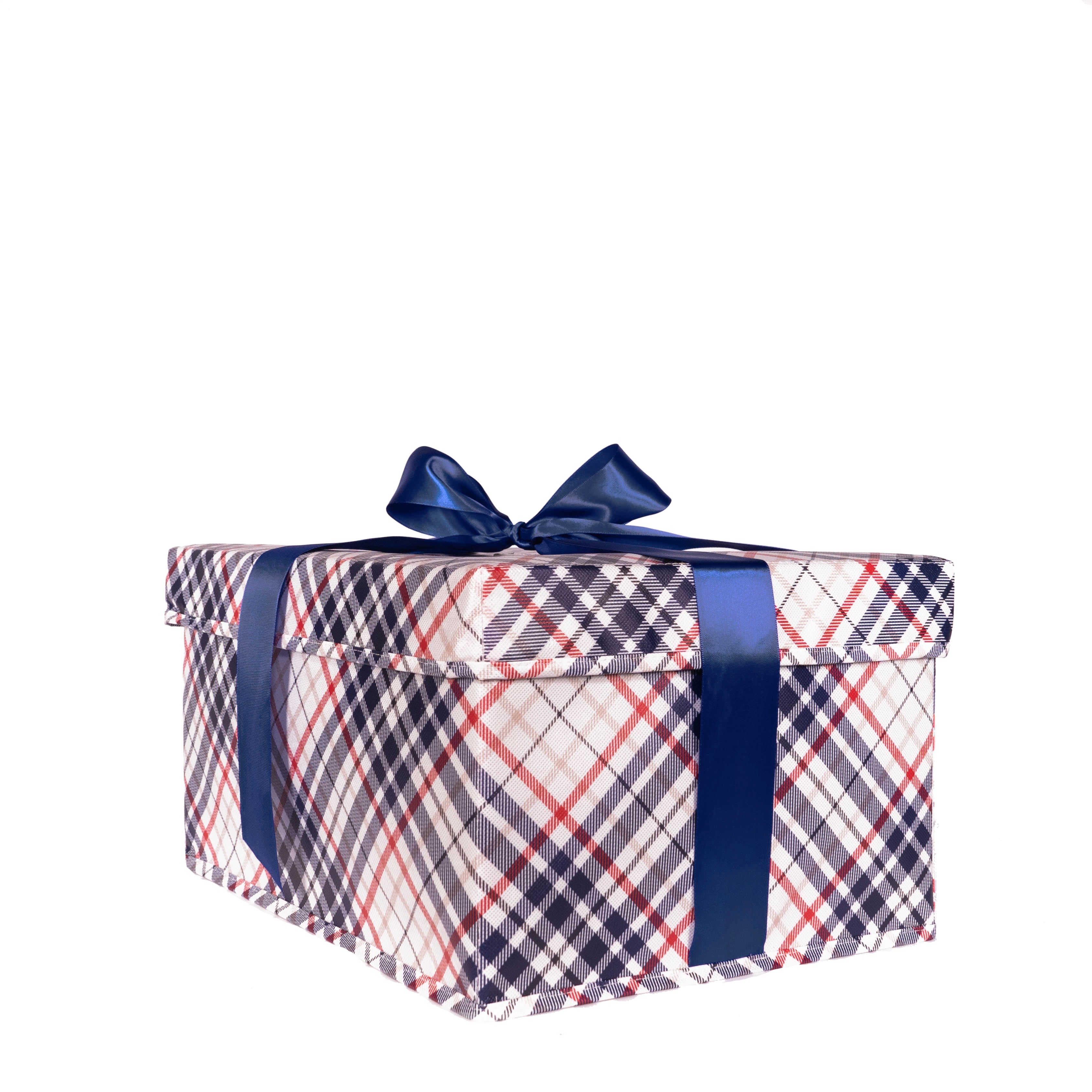 EverBox reusable blue plaid gift box open and ready to fill with large gifts