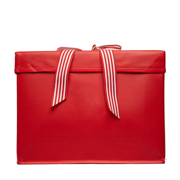 EverBox extra large red collapsible gift box with white grosgrain ribbon tied in a bow