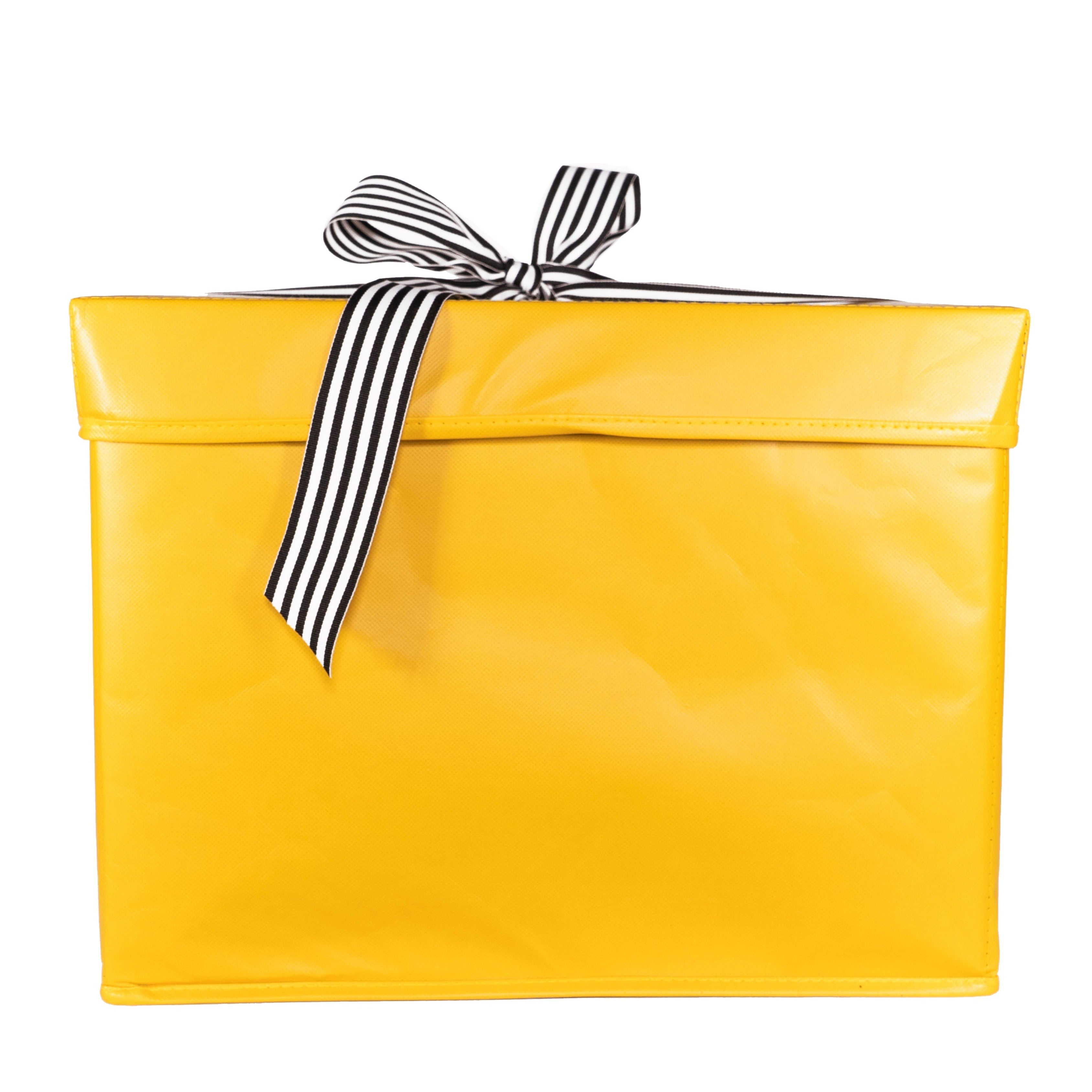 EverBox extra large yellow collapsible gift box with white grosgrain ribbon tied in a bow