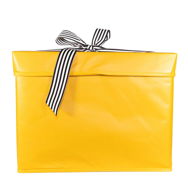 EverBox extra large yellow collapsible gift box with white grosgrain ribbon tied in a bow