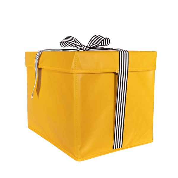 Yellow reusable gift box open and assembled showing interior depth and size