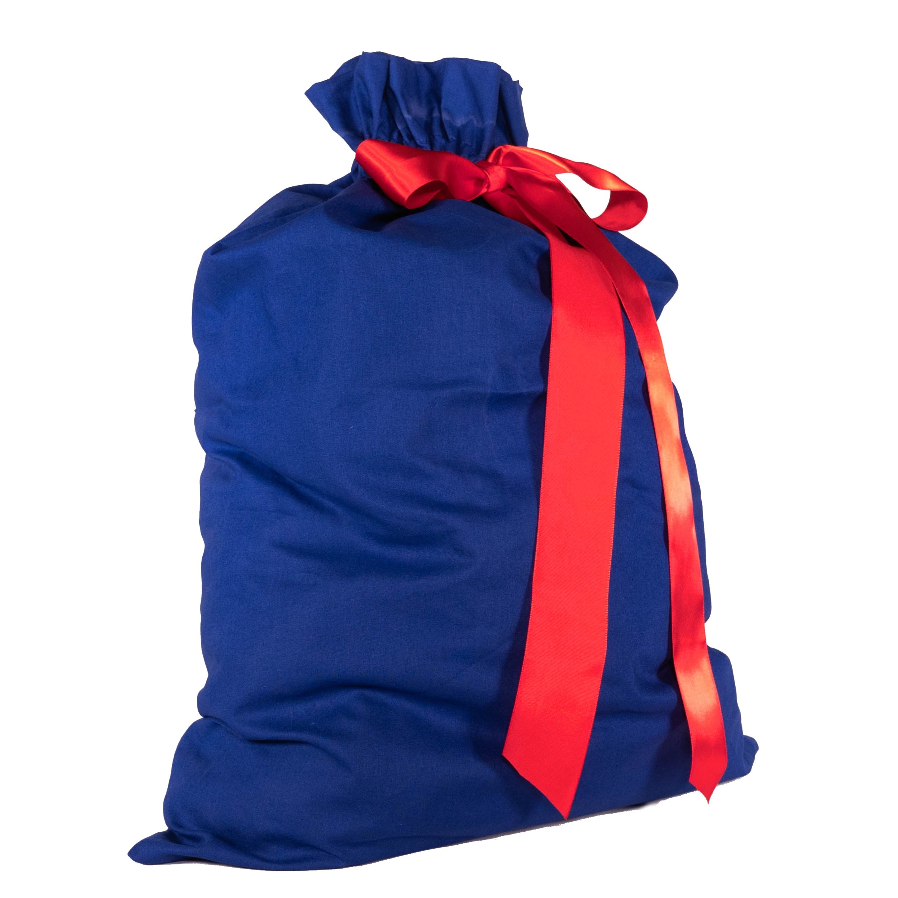 Blue gift bag with a red ribbon on a white background
