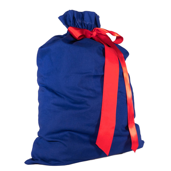 Blue gift bag with a red ribbon on a white background