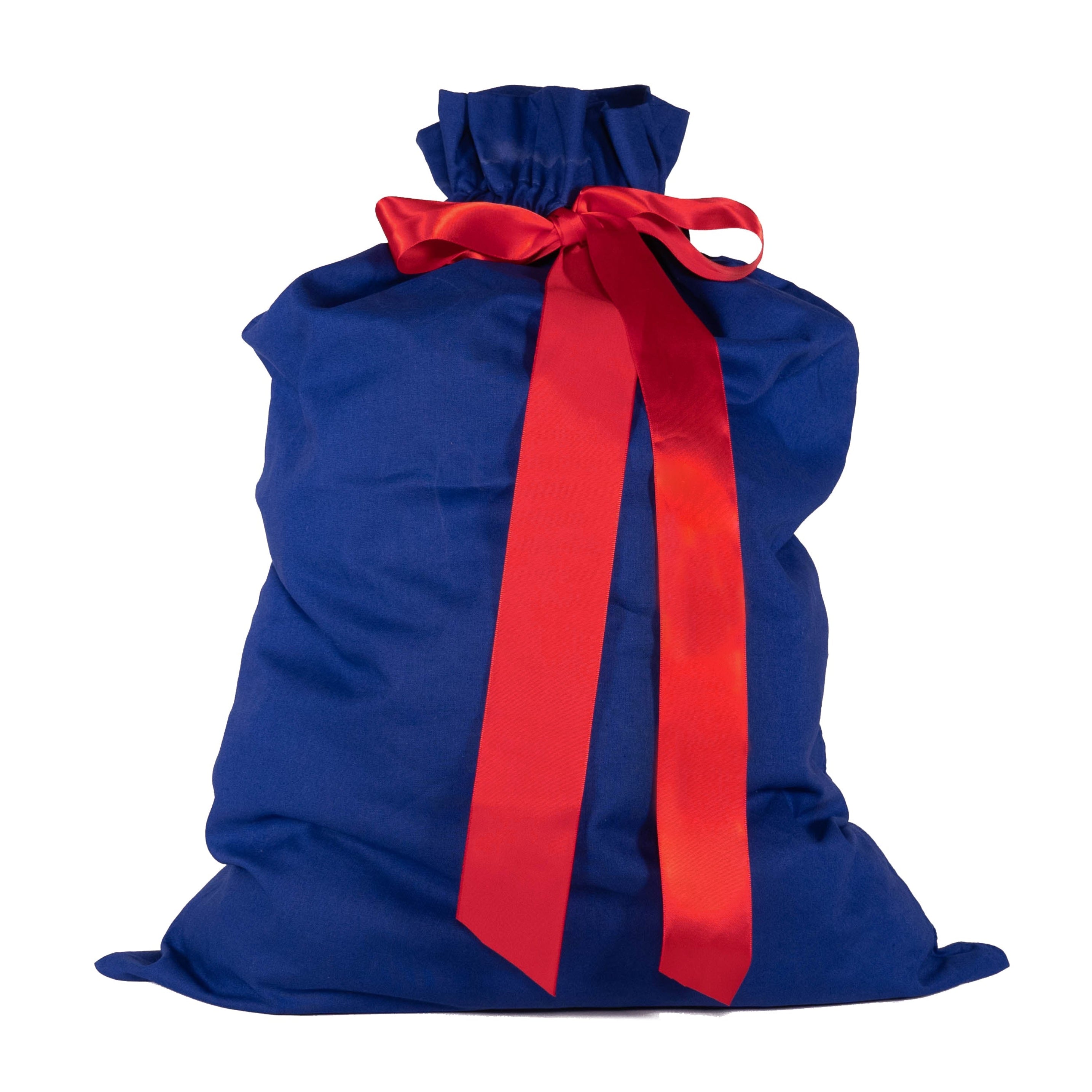 Blue sack with a red ribbon on a white background