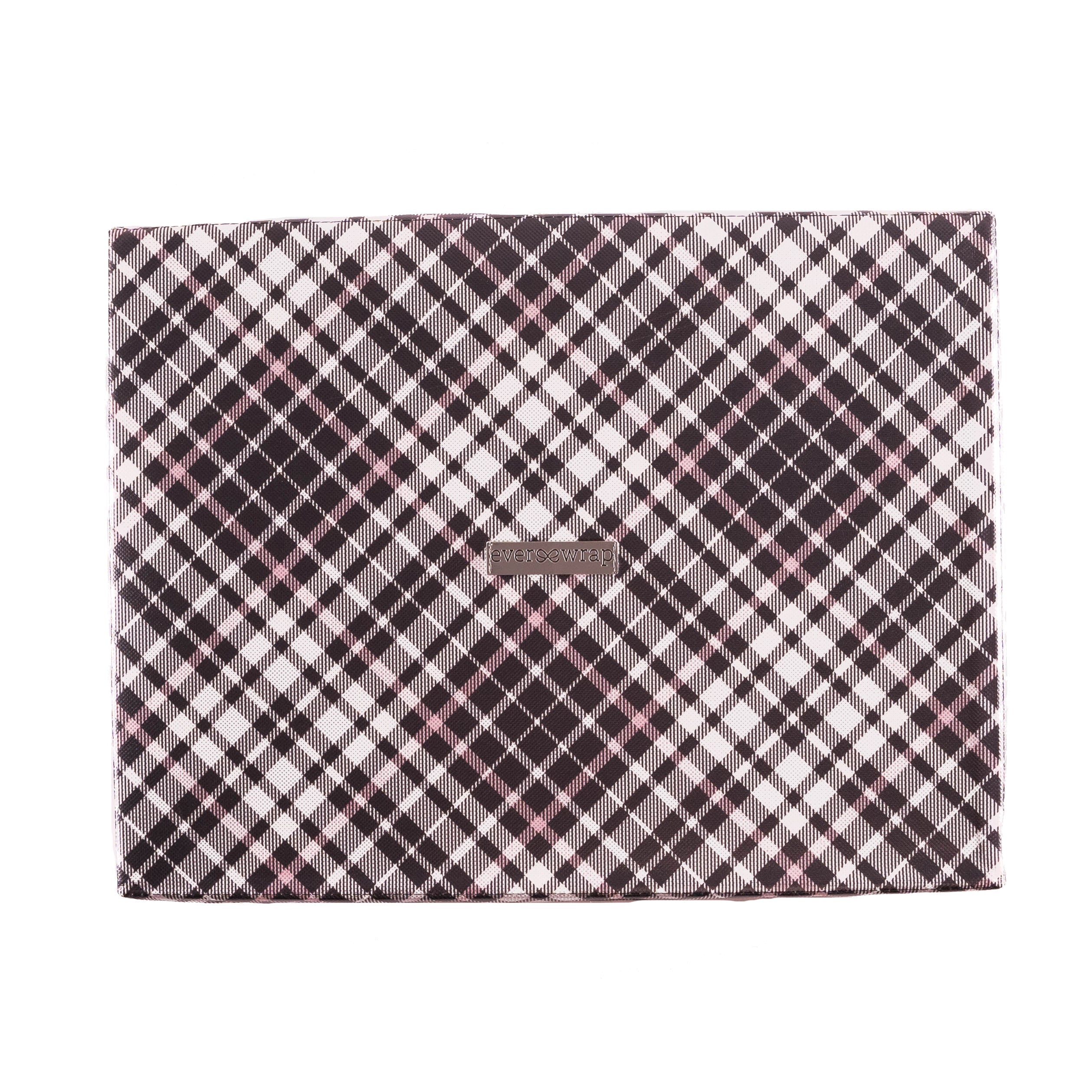 EverBox pink plaid gift box styled with a wrapped gift, showing bow tied with white satin ribbon