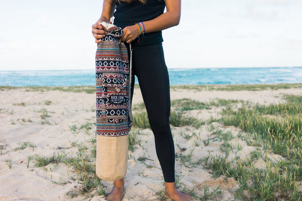 Close-up detail of the Yoga Mat Bag - Mumbai fabric and jute texture
