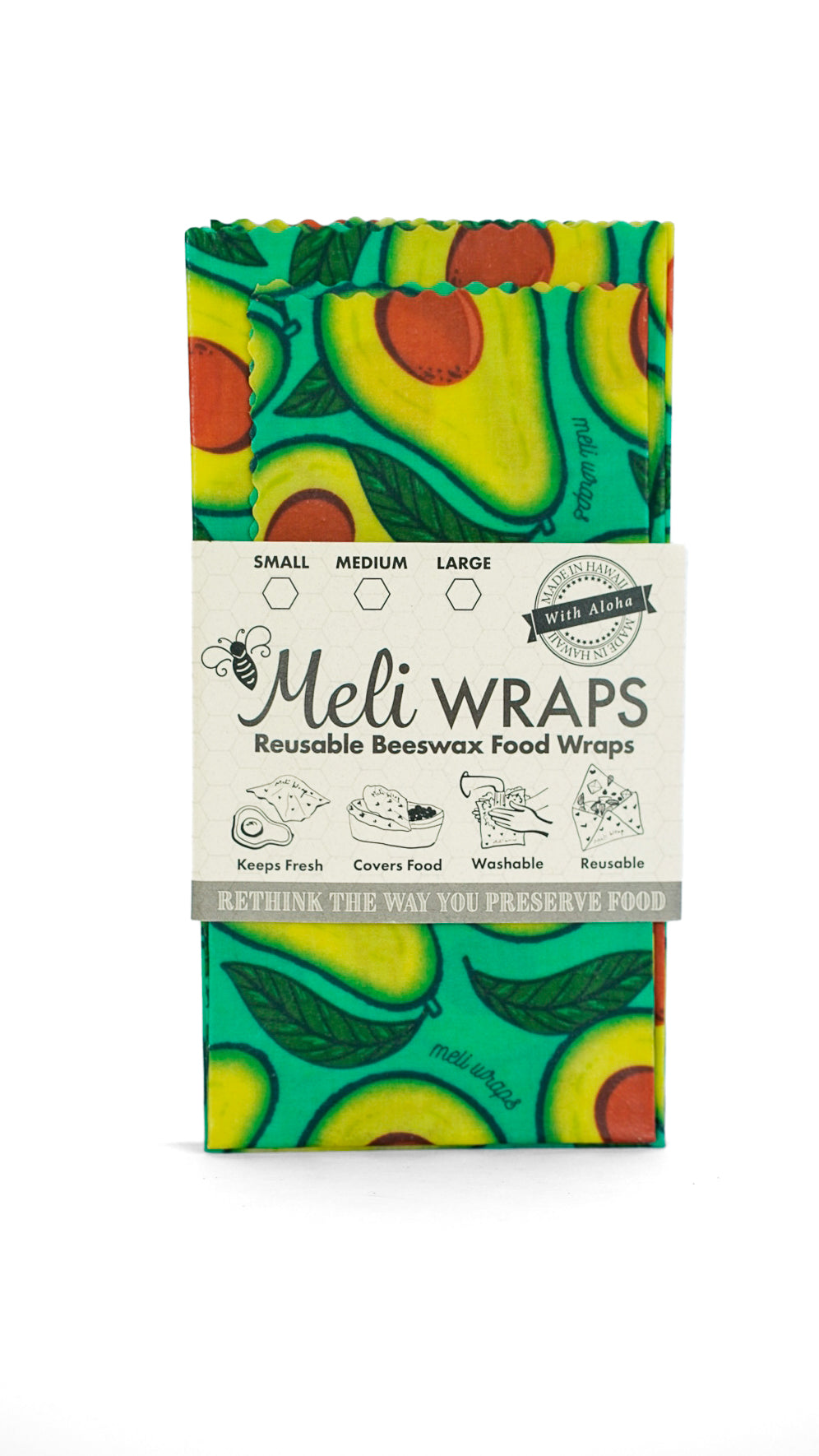 Meli Wraps packaging with avocado design on a white background
