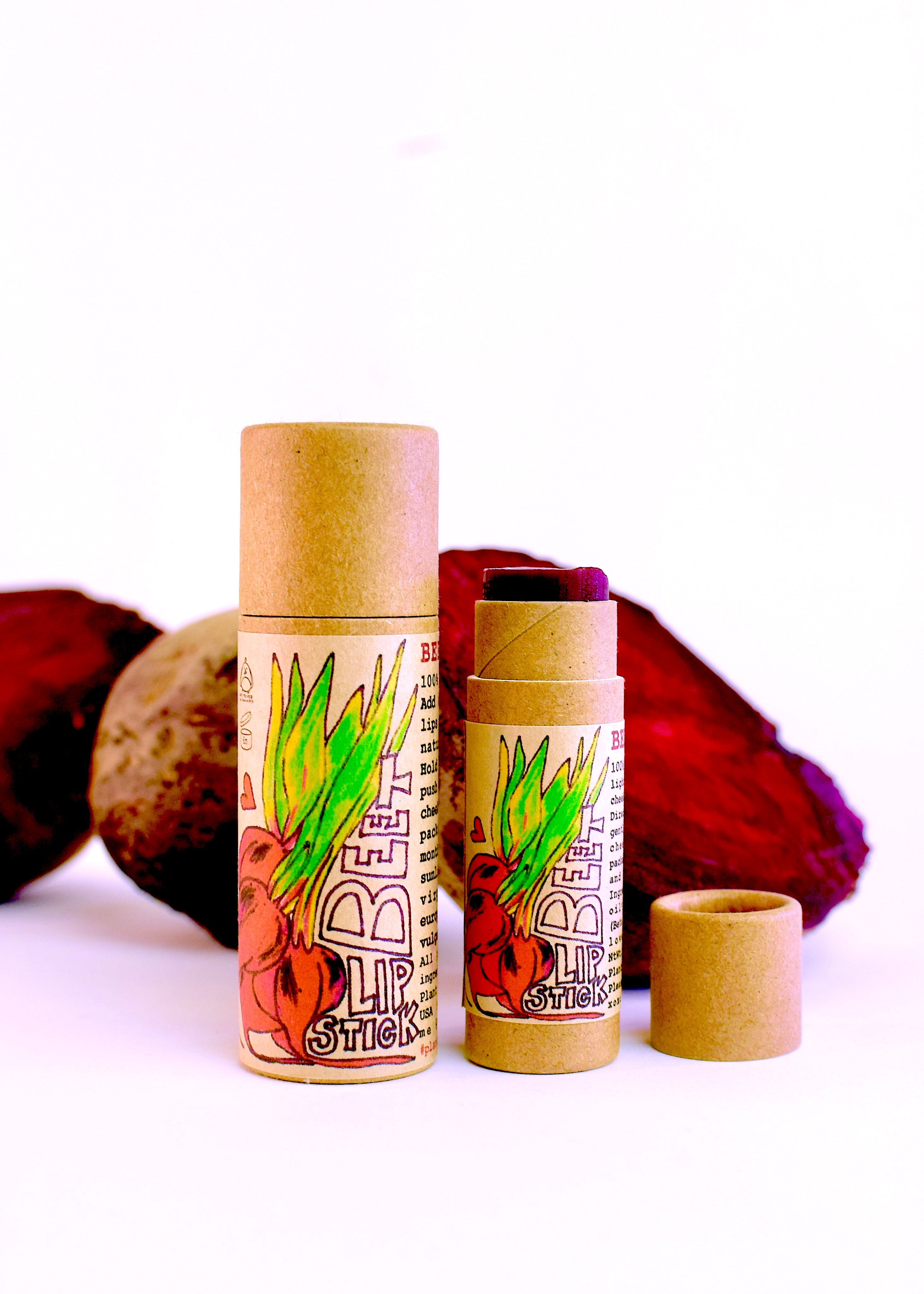 Close-up of Plant Makeup Beet Lip Stick showing natural beet tint and beeswax formula