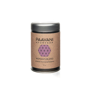 Paavani Ayurveda Women's Blend Ayurvedic herbal tea in 8 oz metal canister for hormonal balance