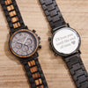 Engraved wooden watch for men showing zebra wood strap and push button hidden clasp