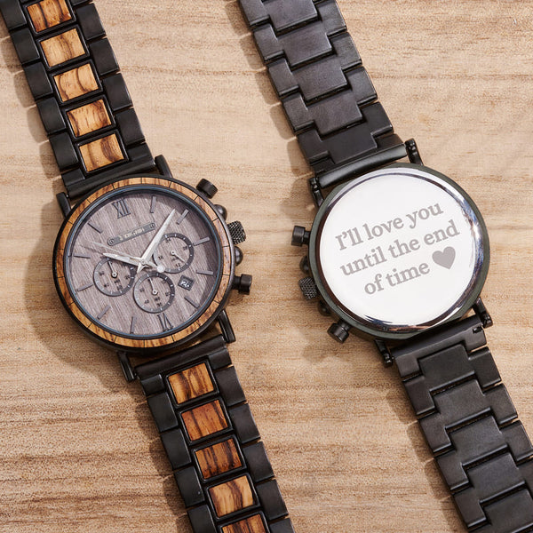 Engraved wooden watch for men showing zebra wood strap and push button hidden clasp