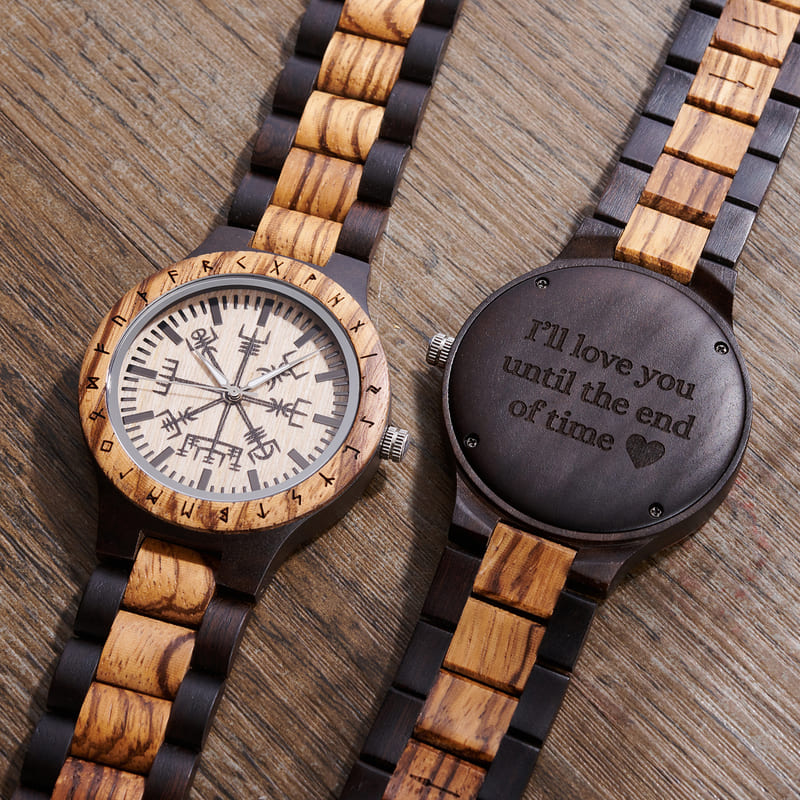 Custom engraved message on the back of a Viking Vegvisir wooden watch, personalised for gifting