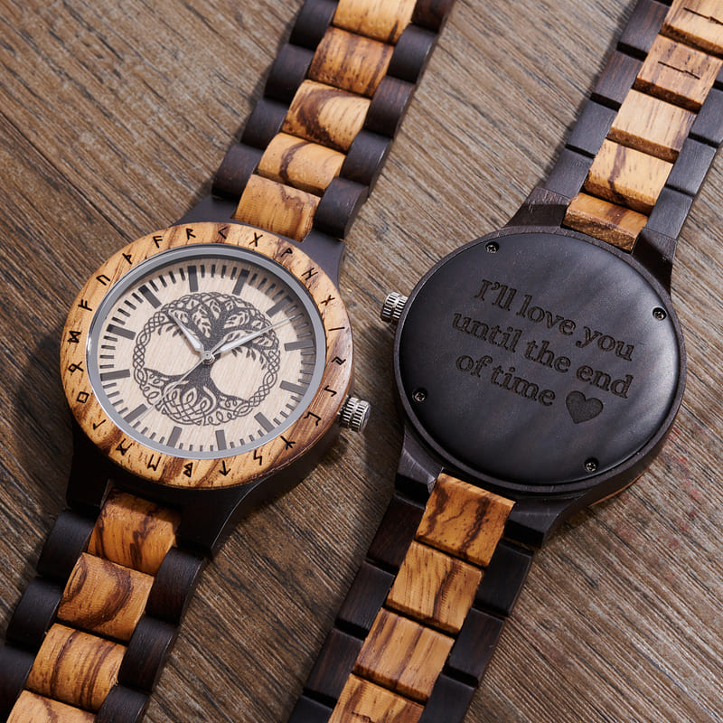 Handcrafted Tree of Life wooden watch with custom engraving on the back, made to order