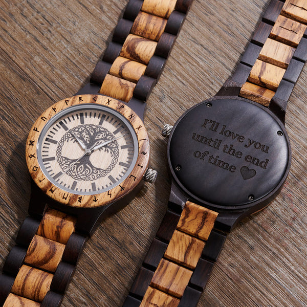 Handcrafted Tree of Life wooden watch with custom engraving on the back, made to order