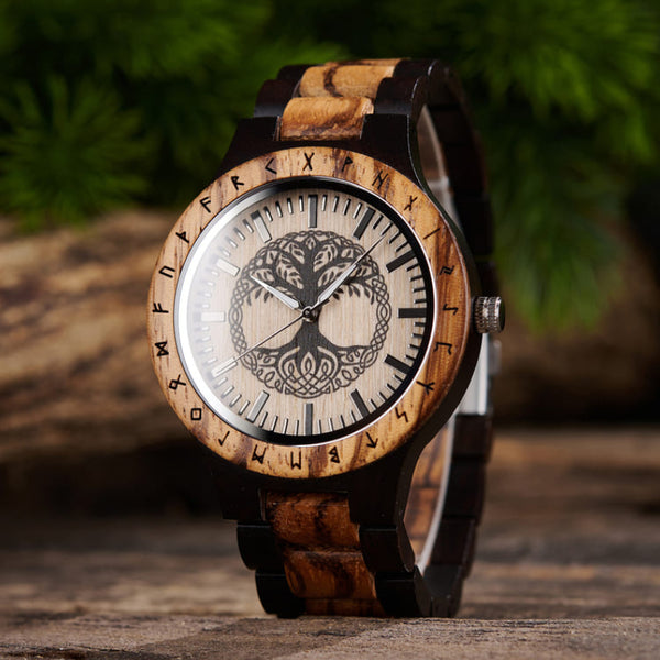 Personalized Tree of Life wooden watch with Yggdrasil and runic circle engraving, handmade in the USA by Vikingenes