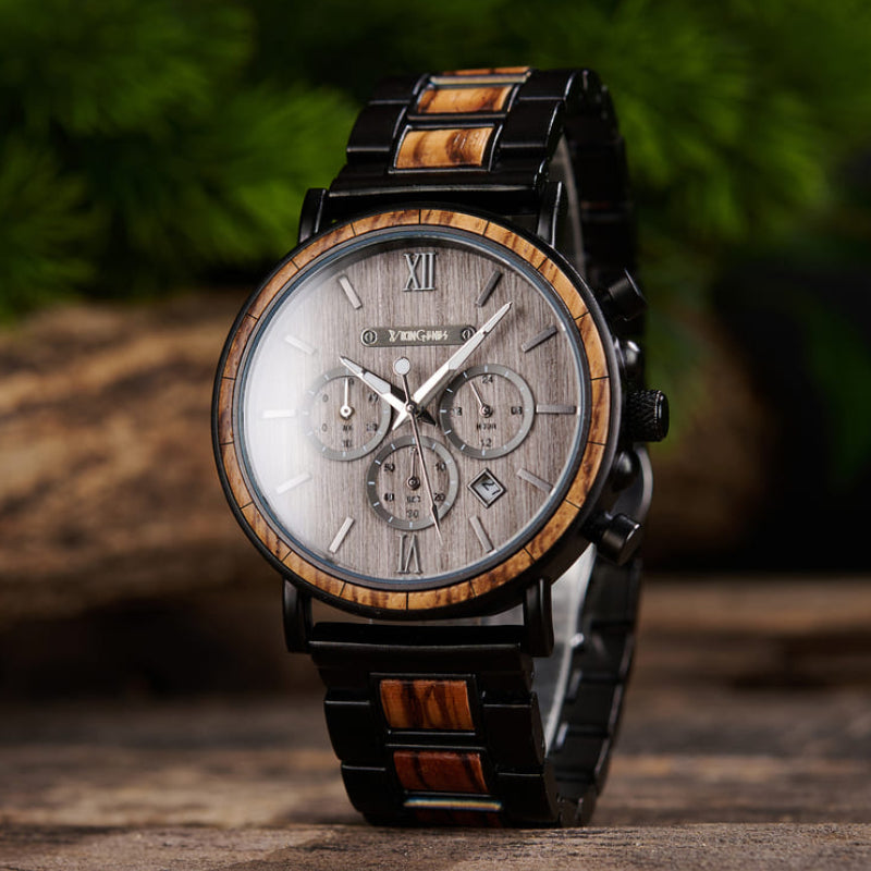 Men's engraved wooden watch with ebony and maple wood face and stainless steel accents