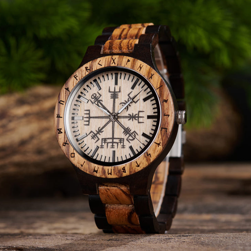 Personalized Viking Vegvisir wooden watch with runic compass engraving, handmade in the USA by Vikingenes