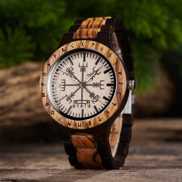 Personalized Viking Vegvisir wooden watch with runic compass engraving, handmade in the USA by Vikingenes