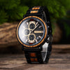Black and gold chronograph wooden watch with natural wood inlay and black alloy case