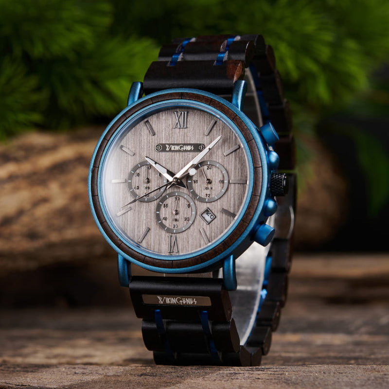 Black and blue wooden chronograph watch for men with steel alloy accents and multi-dial face
