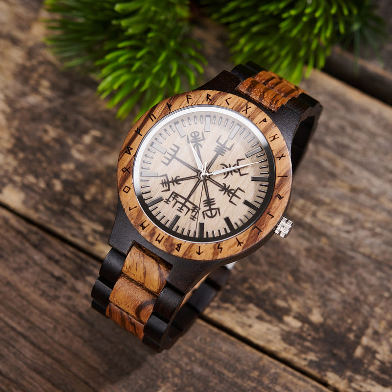 Side view of handmade wooden watch with zebra wood and ebony band and double buckle clasp