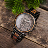 Custom engraved wood watch for men displayed with wooden gift box