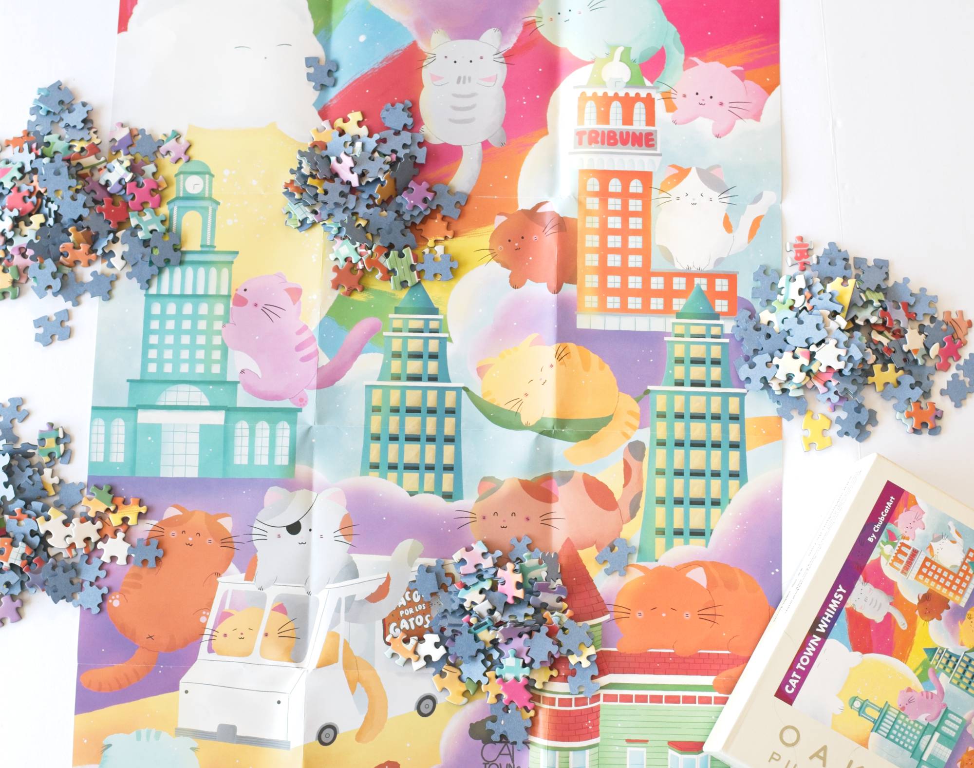 Colorful puzzle with cartoon animals and buildings, partially completed.