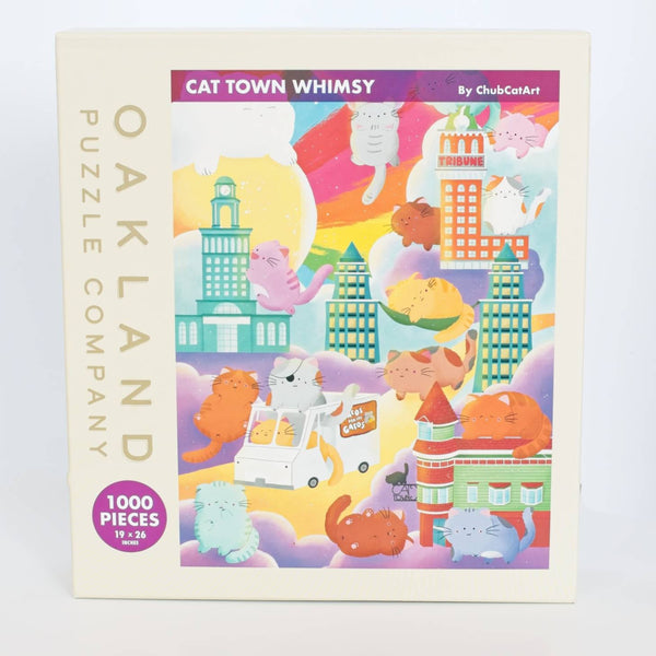 Close-up detail of Cat Town Whimsy puzzle pieces showing vibrant ChubCatArt illustration with matte finish