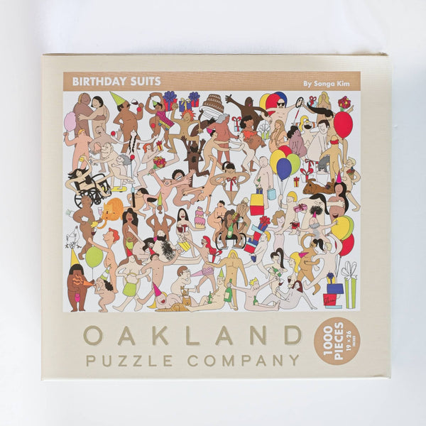 Completed Birthday Suits jigsaw puzzle laid flat showing full illustration by artist Songa Kim for Oakland Puzzle Company